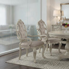 Set of Two Gray And Antiqued White Tufted Fabric And Solid Wood Partially Open Back Dining Arm Chairs