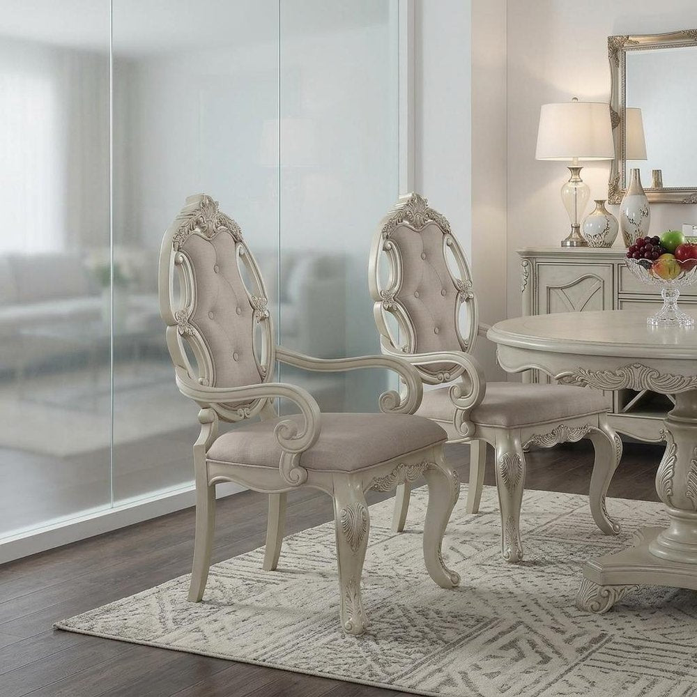 Set of Two Gray And Antiqued White Tufted Fabric And Solid Wood Partially Open Back Dining Arm Chairs
