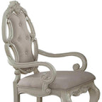 Set of Two Gray And Antiqued White Tufted Fabric And Solid Wood Partially Open Back Dining Arm Chairs
