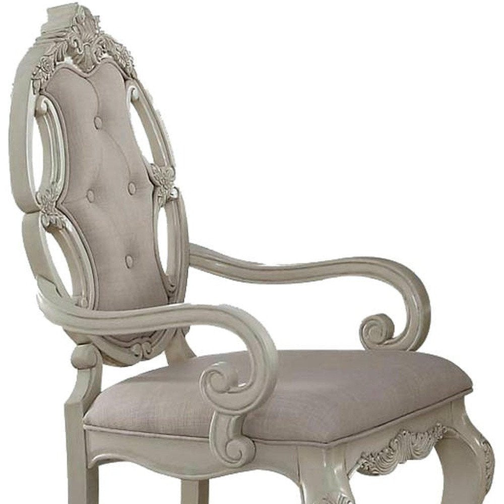 Set of Two Gray And Antiqued White Tufted Fabric And Solid Wood Partially Open Back Dining Arm Chairs