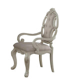Set of Two Gray And Antiqued White Tufted Fabric And Solid Wood Partially Open Back Dining Arm Chairs
