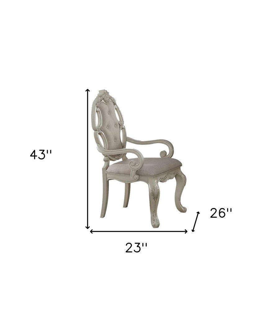 Set of Two Gray And Antiqued White Tufted Fabric And Solid Wood Partially Open Back Dining Arm Chairs