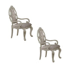 Set of Two Gray And Antiqued White Tufted Fabric And Solid Wood Partially Open Back Dining Arm Chairs