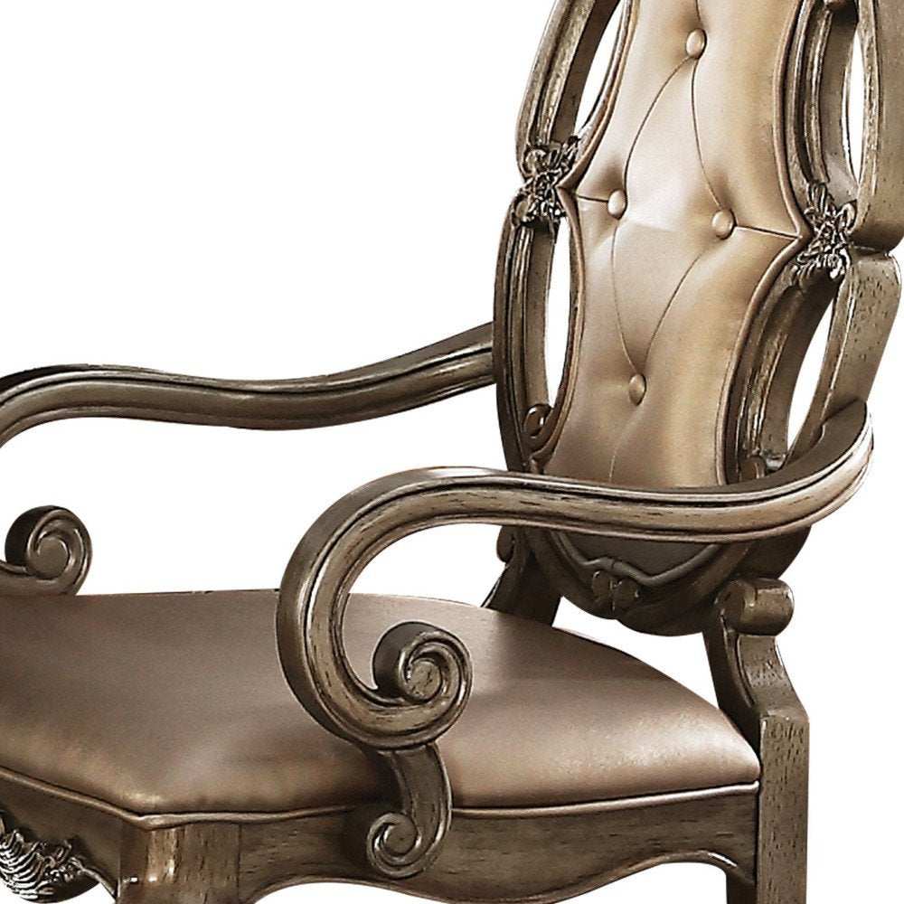 Set of Two Tufted Oak Upholstered Faux Leather And Solid Wood Dining Side Chairs