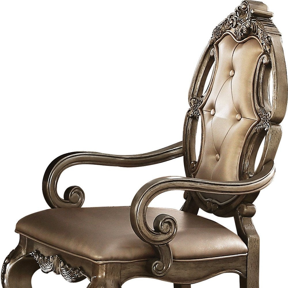 Set of Two Tufted Oak Upholstered Faux Leather And Solid Wood Dining Side Chairs