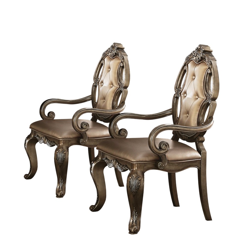 Set of Two Tufted Oak Upholstered Faux Leather And Solid Wood Dining Side Chairs