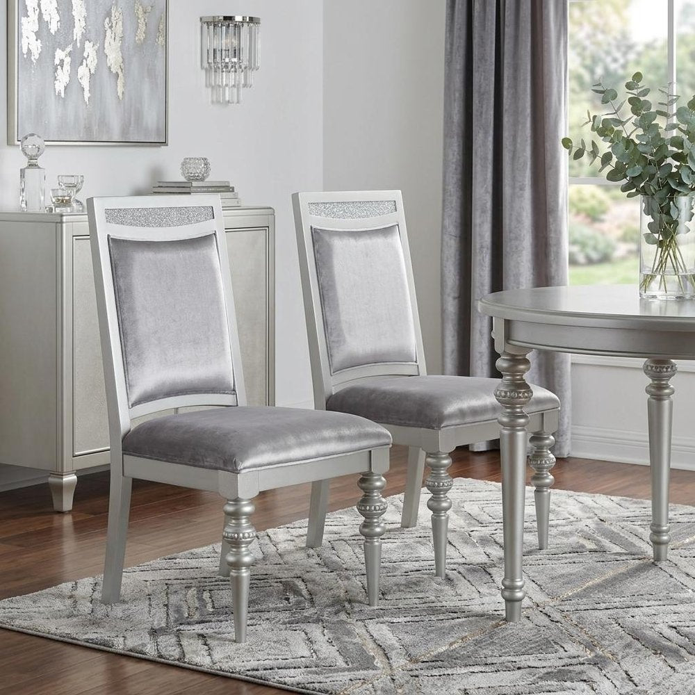 Set of Two Platinum Fabric And Solid Wood Dining Side Chairs