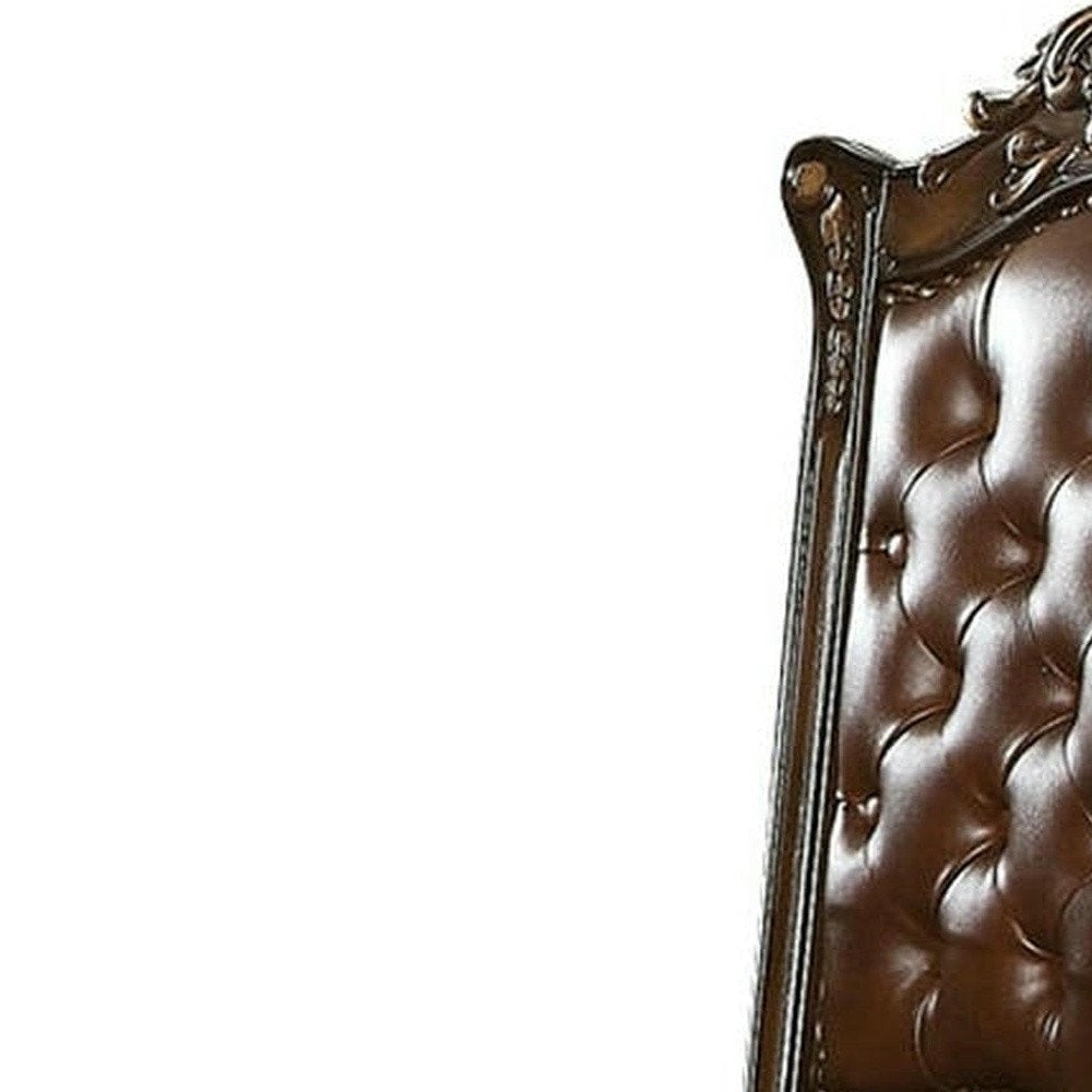 Set of Two Dark Brown And Mahogany Tufted Faux Leather And Solid Wood Queen Anne Back Dining Side Chairs