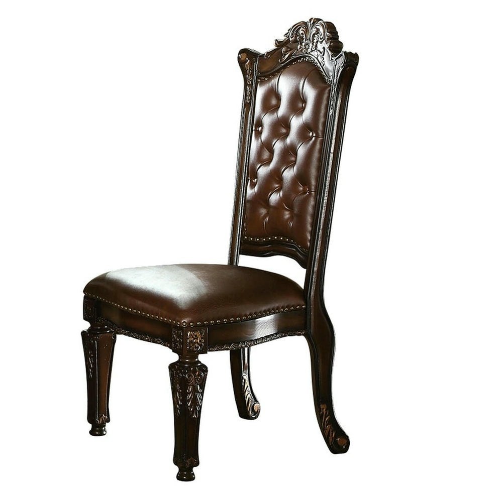 Set of Two Dark Brown And Mahogany Tufted Faux Leather And Solid Wood Queen Anne Back Dining Side Chairs