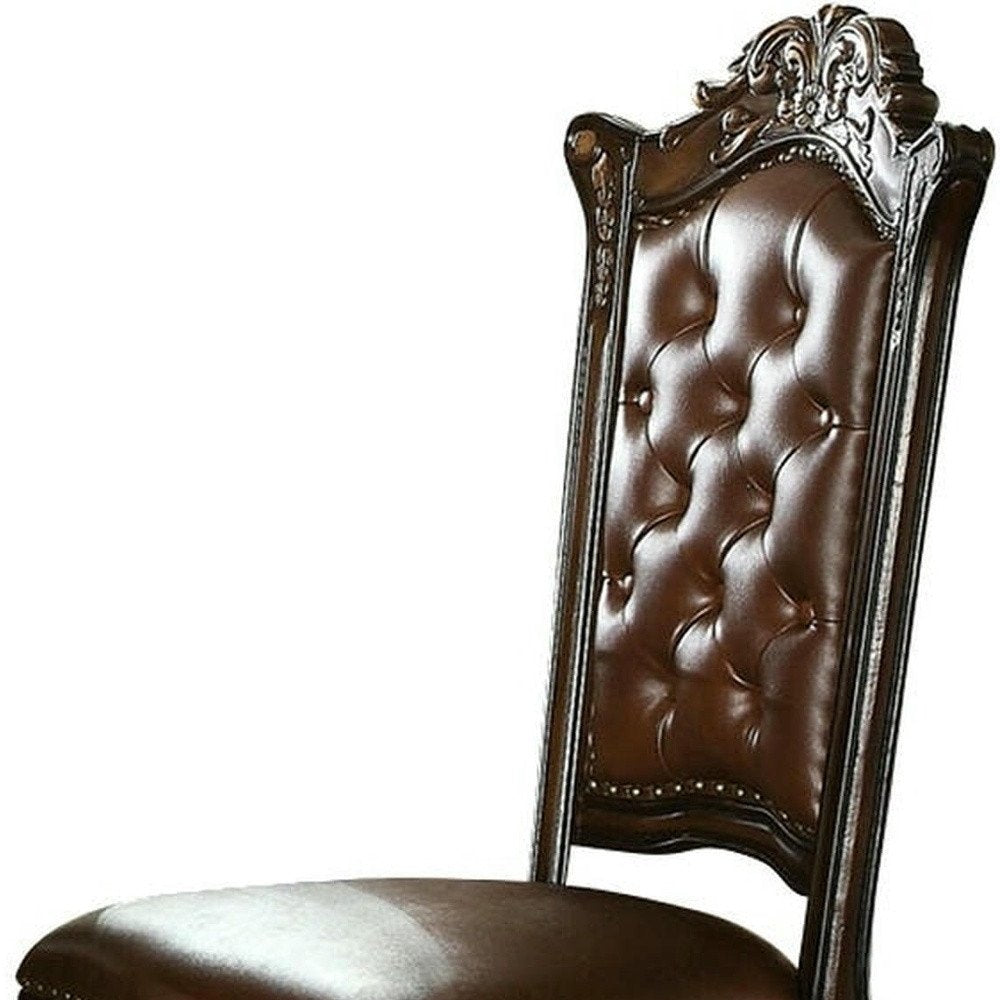 Set of Two Dark Brown And Mahogany Tufted Faux Leather And Solid Wood Queen Anne Back Dining Side Chairs
