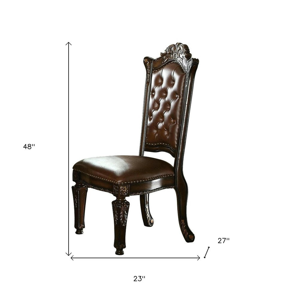 Set of Two Dark Brown And Mahogany Tufted Faux Leather And Solid Wood Queen Anne Back Dining Side Chairs