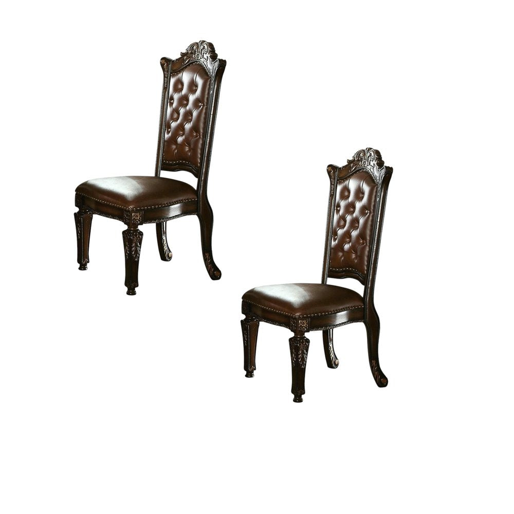 Set of Two Dark Brown And Mahogany Tufted Faux Leather And Solid Wood Queen Anne Back Dining Side Chairs