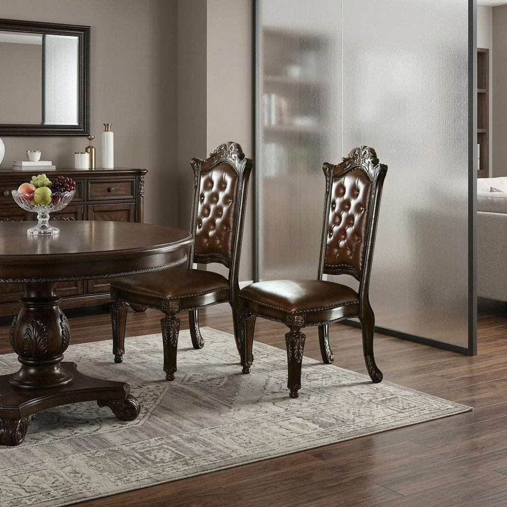 Set of Two Dark Brown And Mahogany Tufted Faux Leather And Solid Wood Queen Anne Back Dining Side Chairs