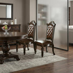 Set of Two Dark Brown And Mahogany Tufted Faux Leather And Solid Wood Queen Anne Back Dining Side Chairs