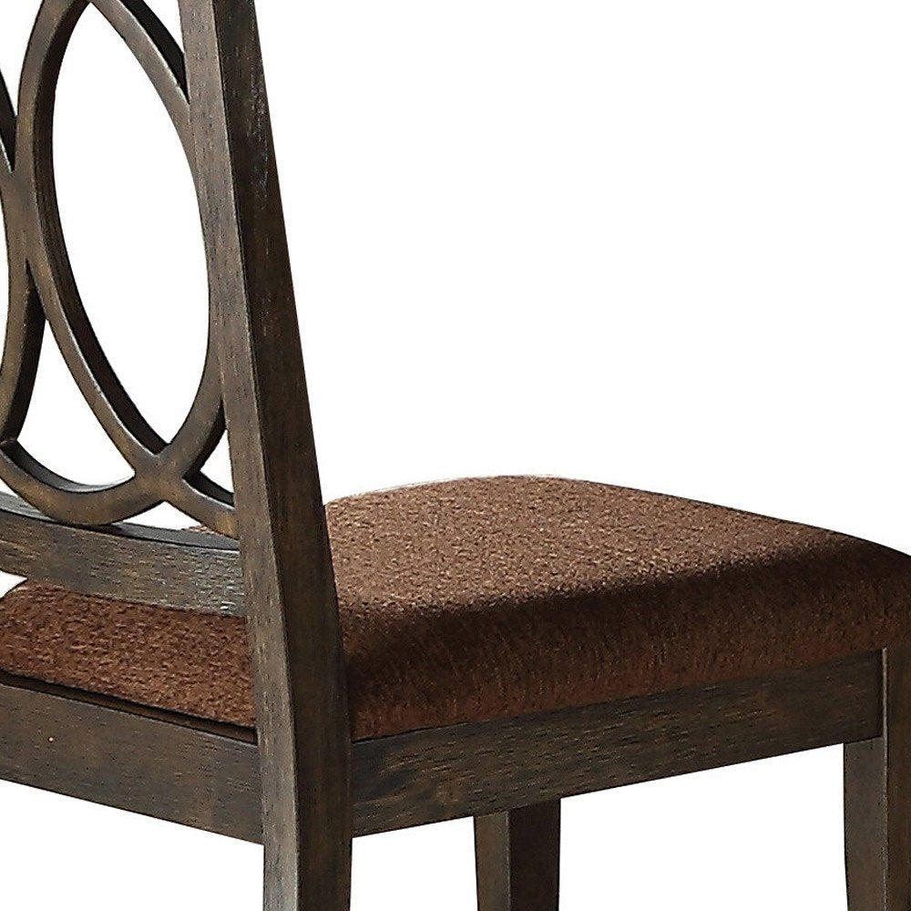 Set of Two Brown And Espresso Fabric And Solid Wood Open Back Dining Side Chairs