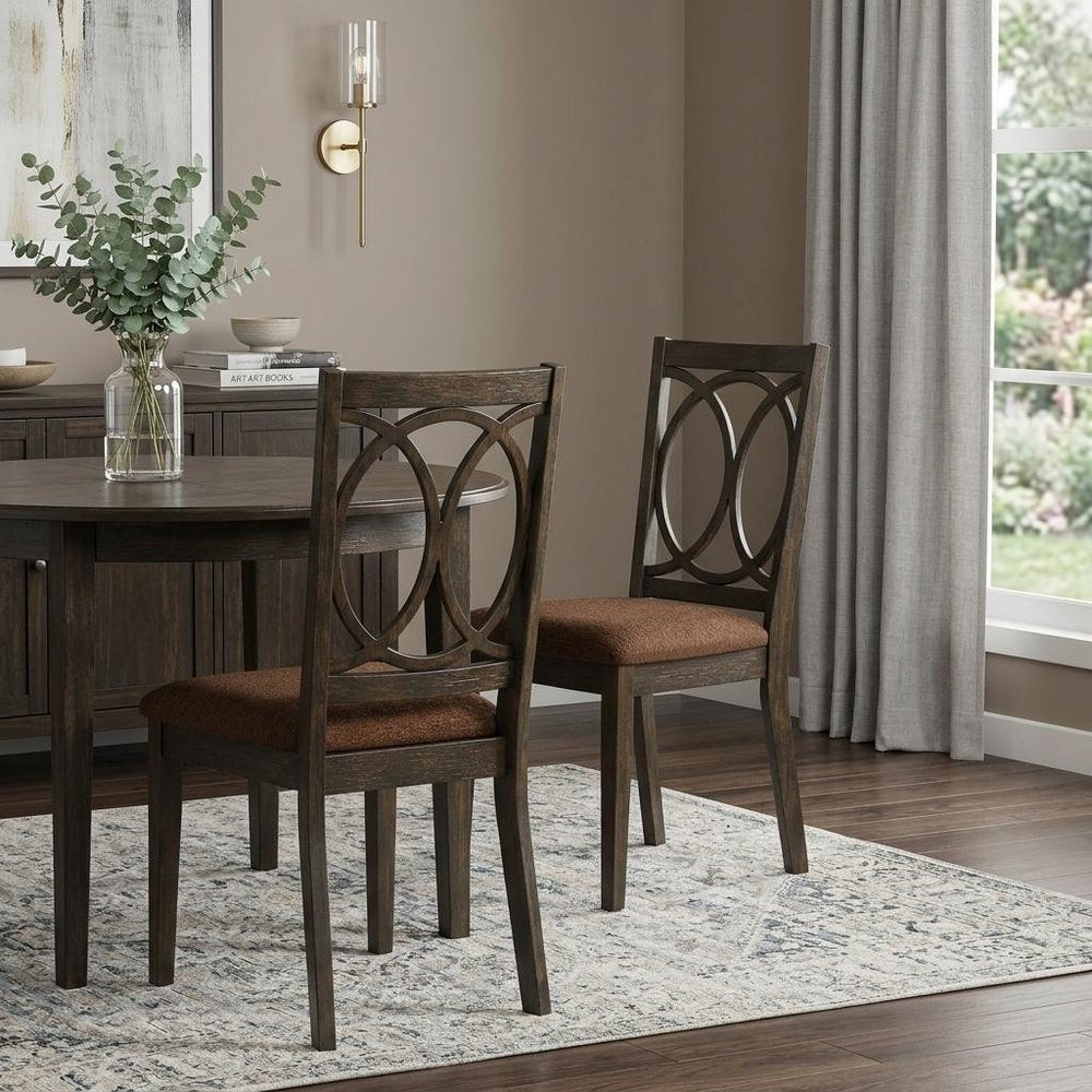 Set of Two Brown And Espresso Fabric And Solid Wood Open Back Dining Side Chairs