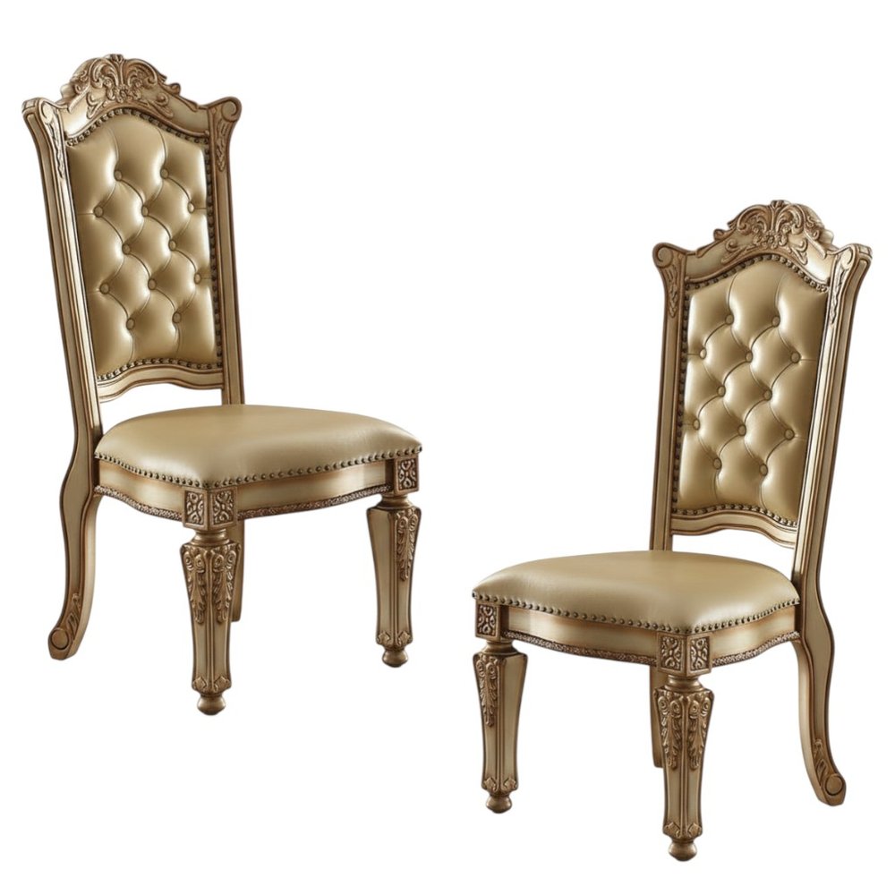 Set of Two Dark Brown And Mahogany Tufted Faux Leather And Solid Wood Queen Anne Back Dining Side Chairs