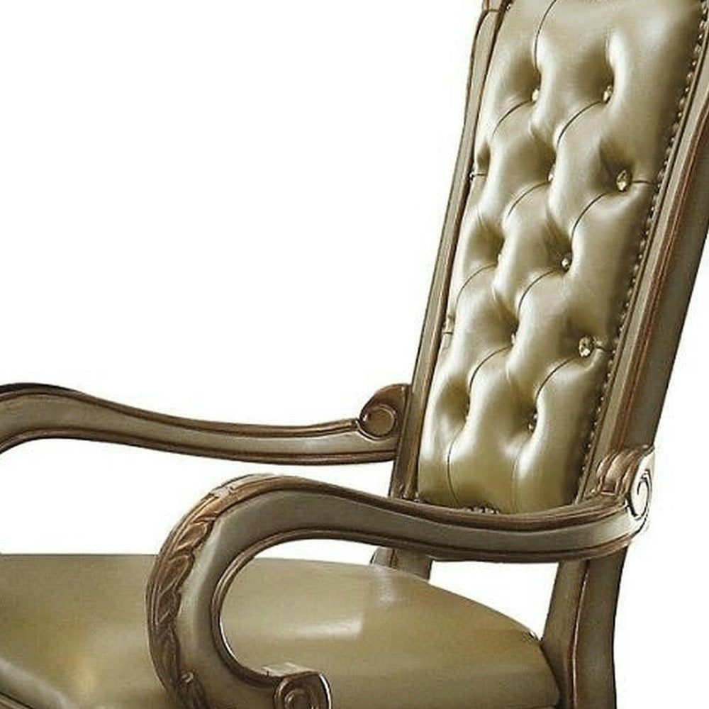 Set of Two Bone Tufted Faux Leather And Wood Dining Arm Chairs