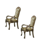 Set of Two Bone Tufted Faux Leather And Wood Dining Arm Chairs