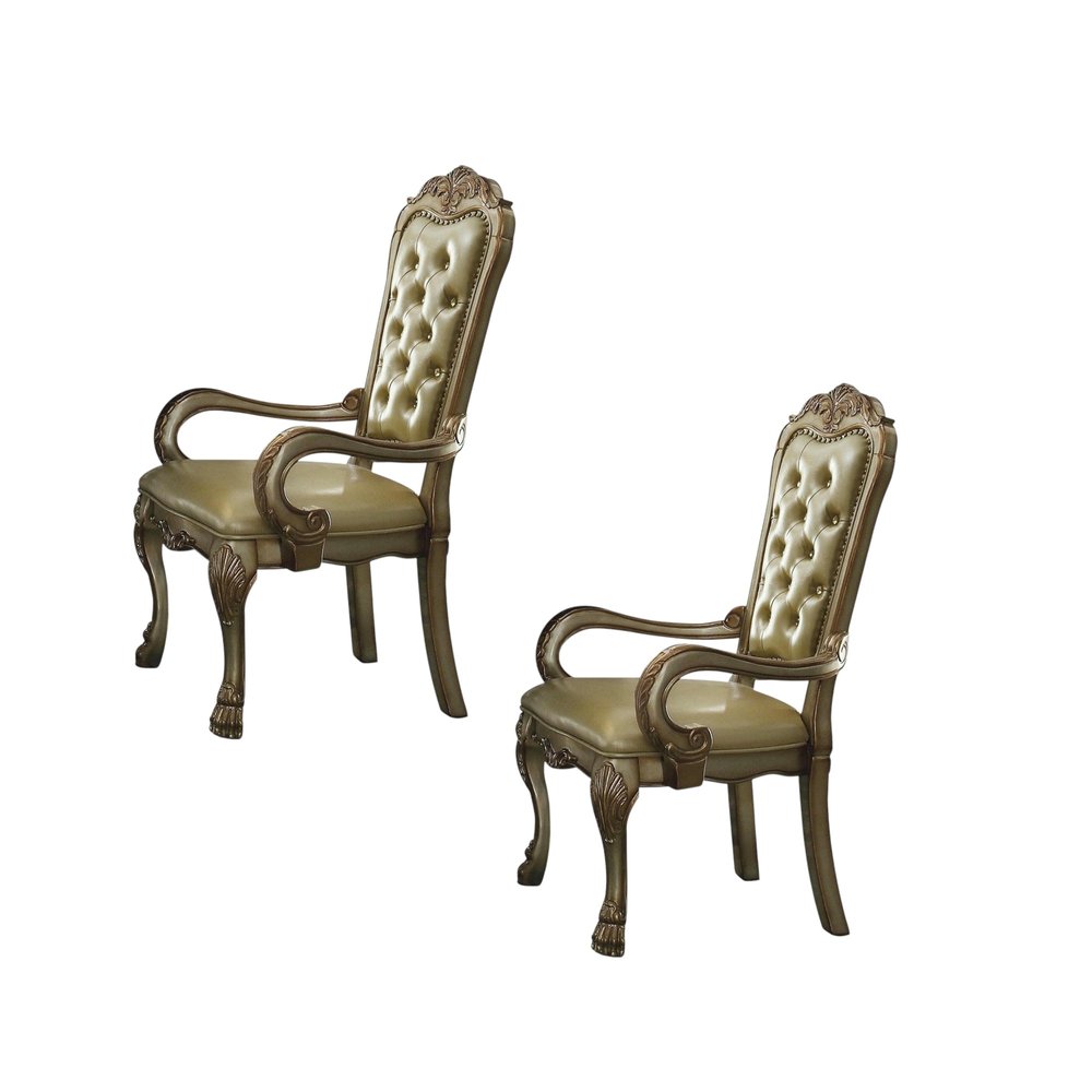 Set of Two Bone Tufted Faux Leather And Wood Dining Arm Chairs