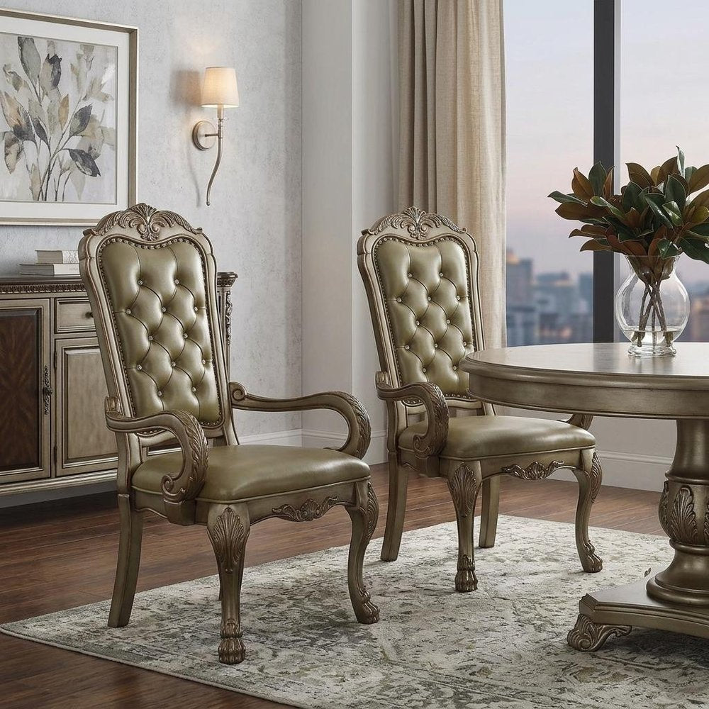 Set of Two Bone Tufted Faux Leather And Wood Dining Arm Chairs