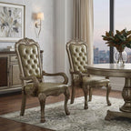 Set of Two Bone Tufted Faux Leather And Wood Dining Arm Chairs