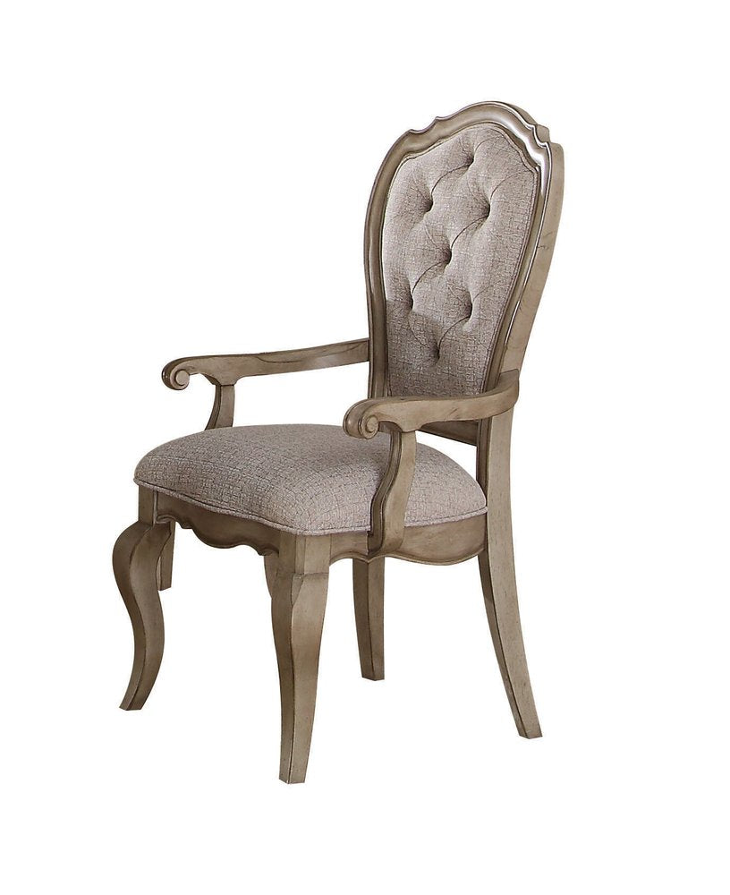 Set of Two Tufted Beige and Taupe Upholstered Fabric And Solid Wood Dining Side Chairs