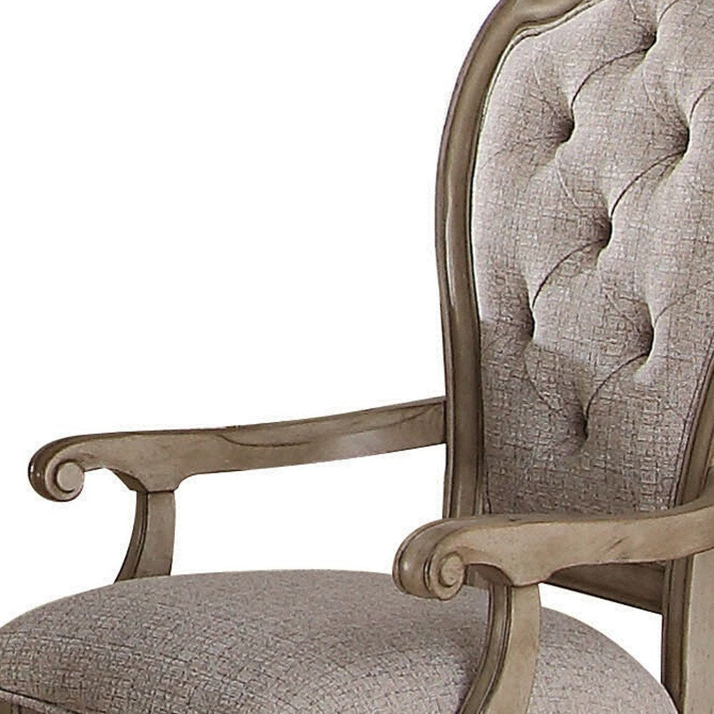 Set of Two Tufted Beige and Taupe Upholstered Fabric And Solid Wood Dining Side Chairs