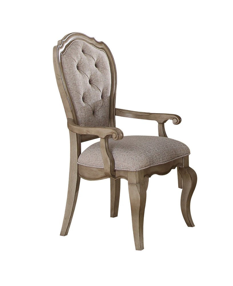 Set of Two Tufted Beige and Taupe Upholstered Fabric And Solid Wood Dining Side Chairs