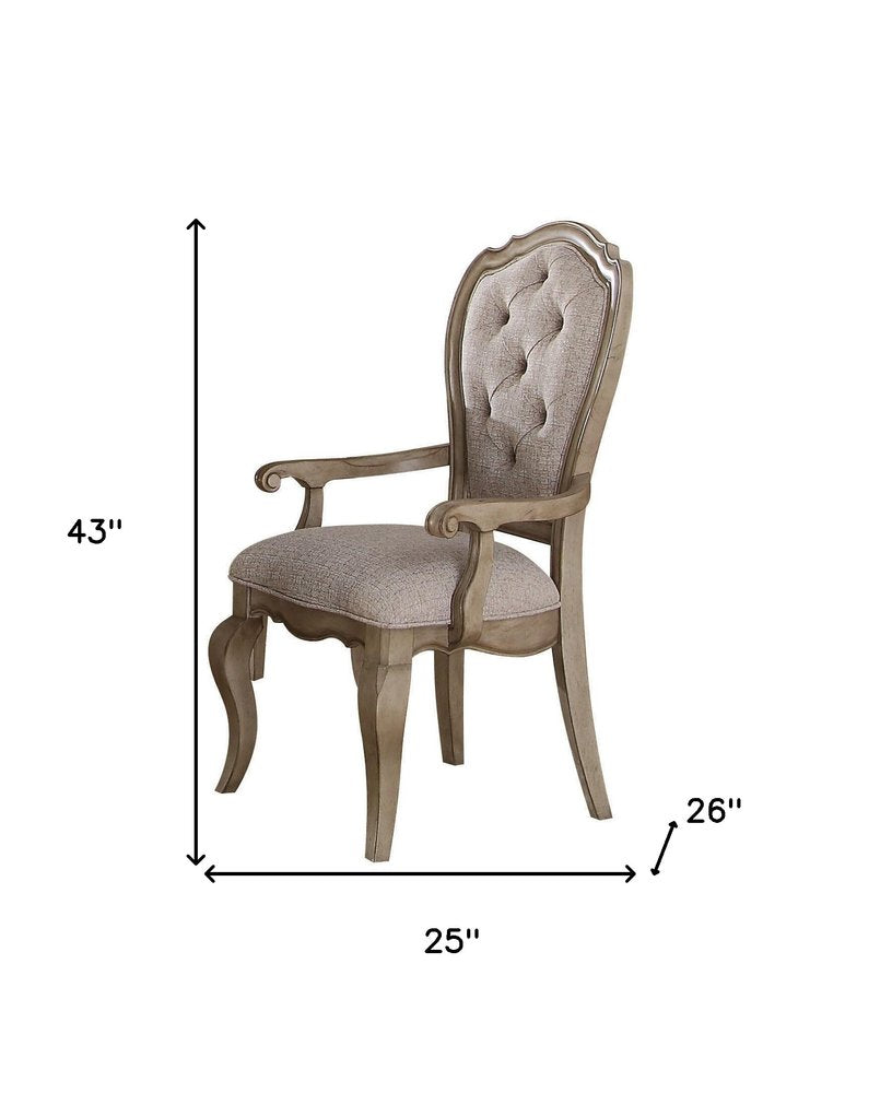 Set of Two Tufted Beige and Taupe Upholstered Fabric And Solid Wood Dining Side Chairs