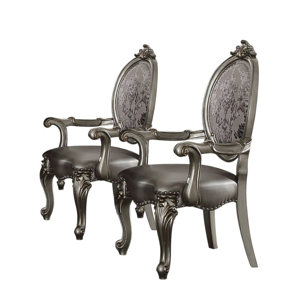 Set of Two Silver and Platinum Upholstered Faux Leather And Solid Wood King Louis Back Dining Side Chairs