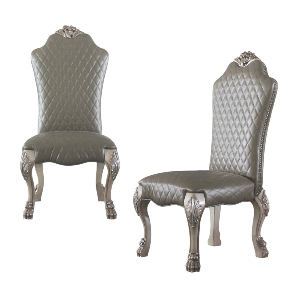 Set of Two Gray And Bone Tufted Faux Leather And Solid Wood Dining Side Chairs