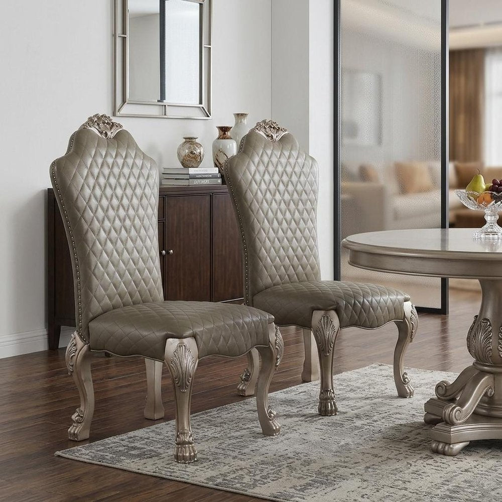 Set of Two Gray And Bone Tufted Faux Leather And Solid Wood Dining Side Chairs