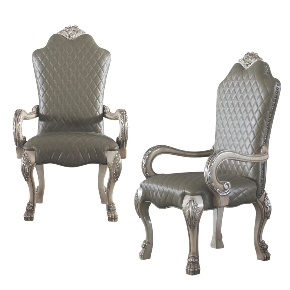 Set of Two Gray And Bone Tufted Faux Leather And Solid Wood Dining Side Chairs