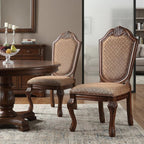 Set of Two Dark Brown And Tan Fabric And Solid Wood Geometric Print Dining Side Chairs