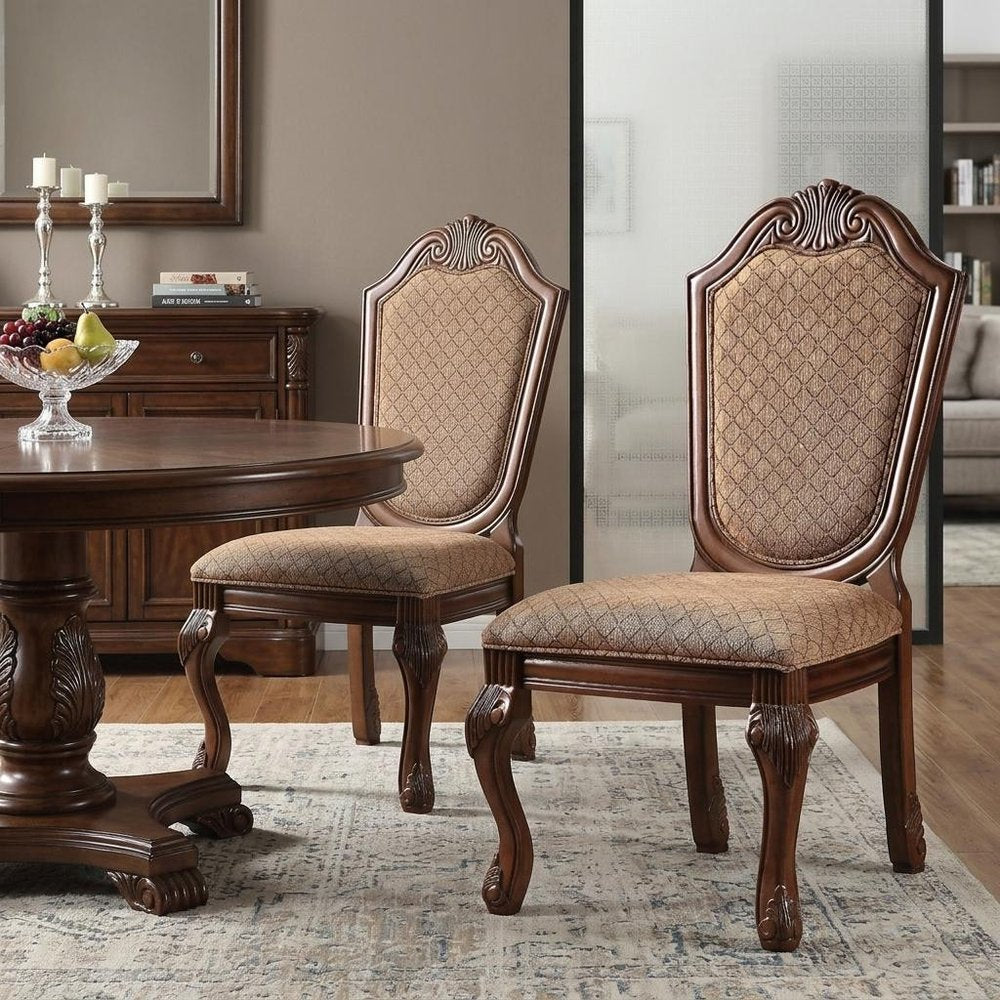 Set of Two Dark Brown And Tan Fabric And Solid Wood Geometric Print Dining Side Chairs