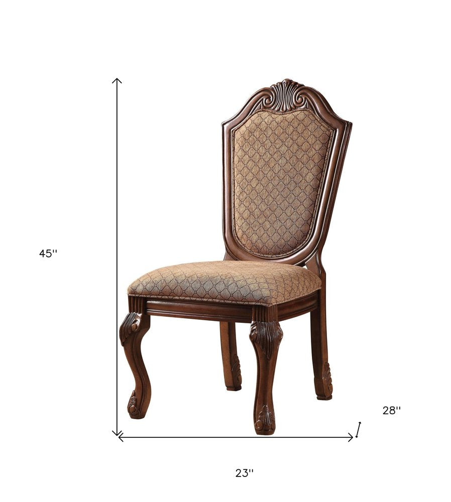 Set of Two Dark Brown And Tan Fabric And Solid Wood Geometric Print Dining Side Chairs