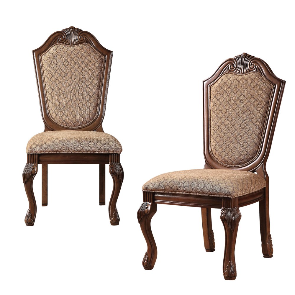 Set of Two Dark Brown And Tan Fabric And Solid Wood Geometric Print Dining Side Chairs