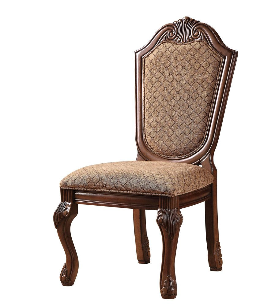 Set of Two Dark Brown And Tan Fabric And Solid Wood Geometric Print Dining Side Chairs