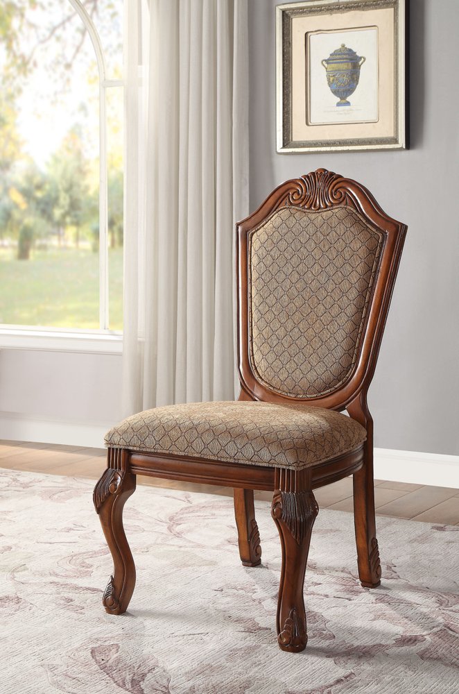 Set of Two Dark Brown And Tan Fabric And Solid Wood Geometric Print Dining Side Chairs