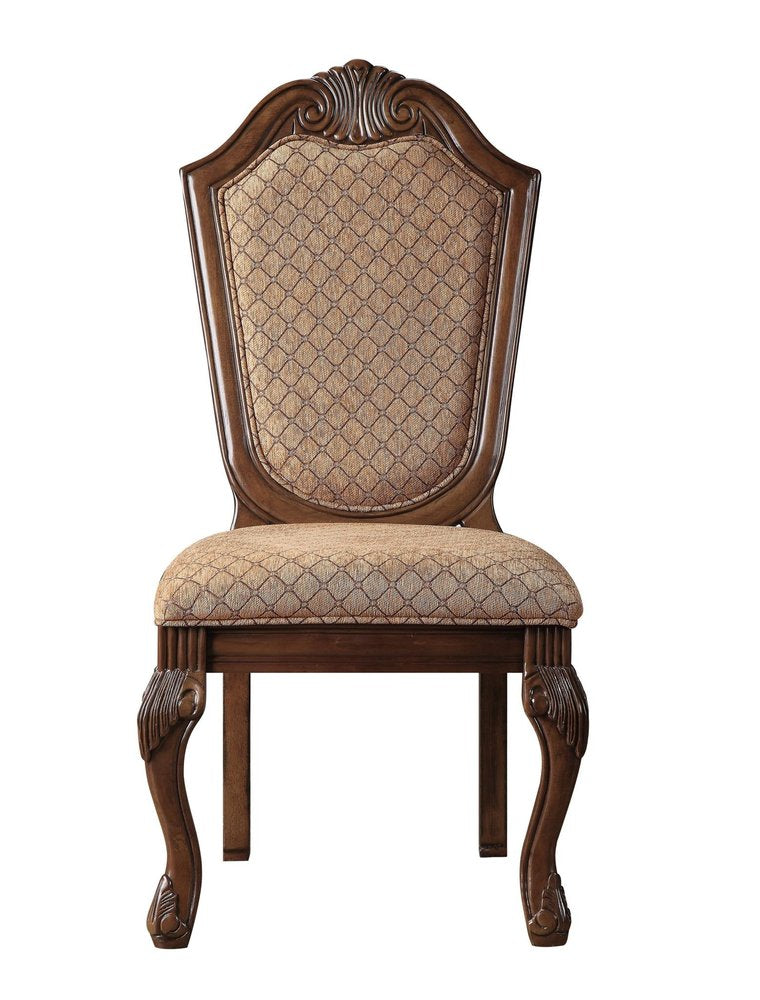 Set of Two Dark Brown And Tan Fabric And Solid Wood Geometric Print Dining Side Chairs
