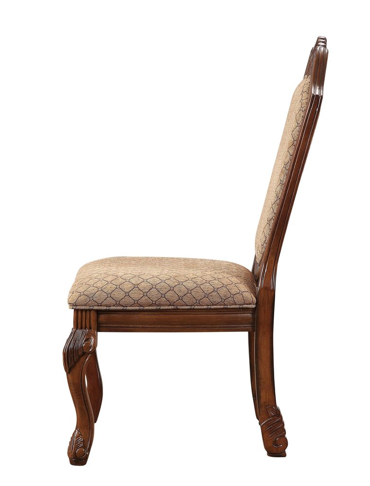 Set of Two Dark Brown And Tan Fabric And Solid Wood Geometric Print Dining Side Chairs