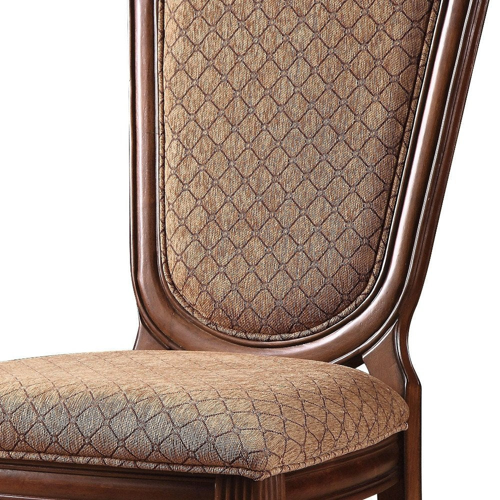 Set of Two Dark Brown And Tan Fabric And Solid Wood Geometric Print Dining Side Chairs