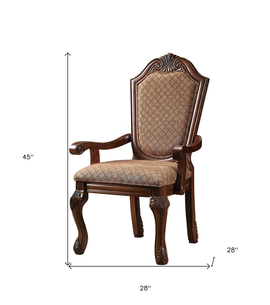 Set of Two Dark Brown And Tan Fabric And Solid Wood Geometric Print Dining Side Chairs