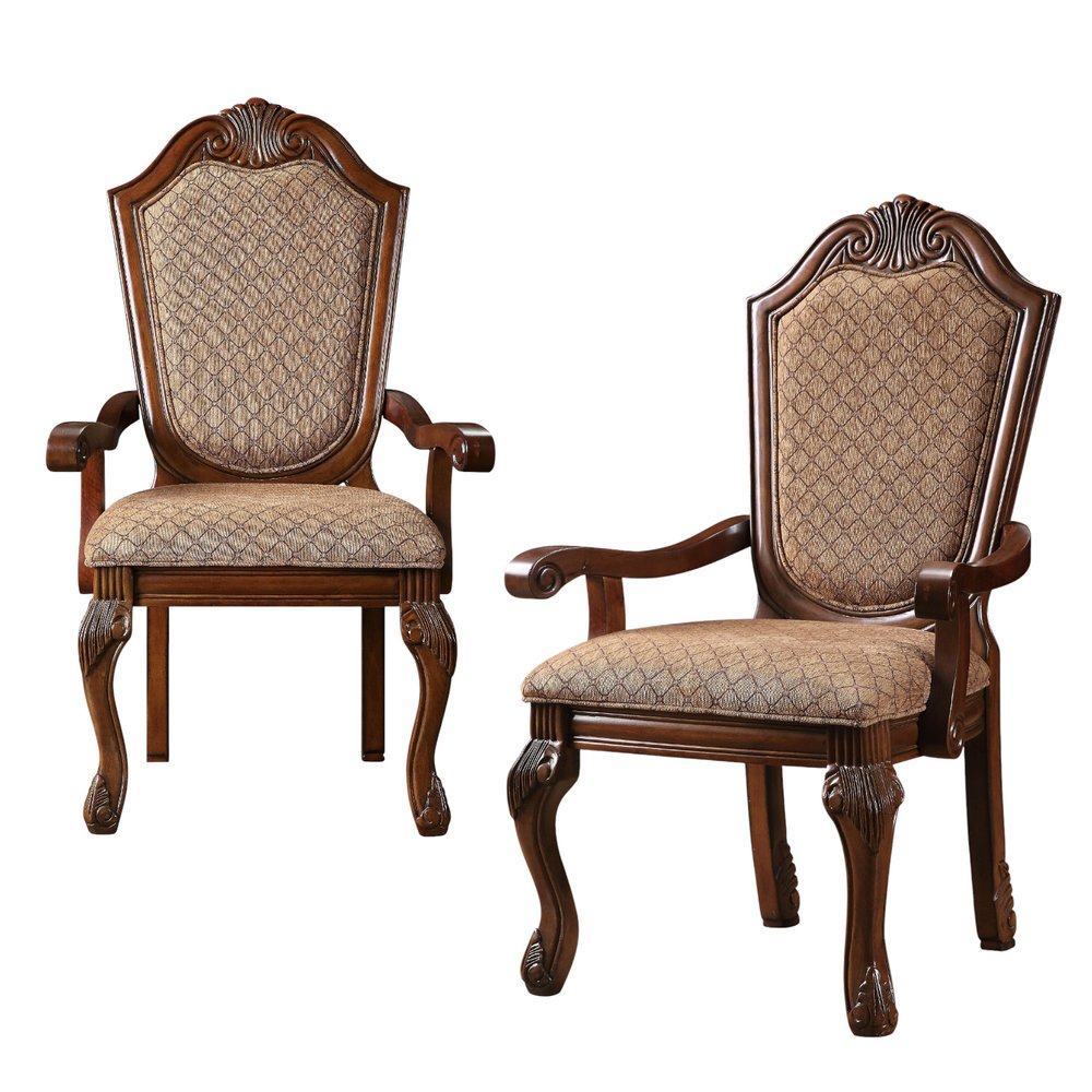 Set of Two Dark Brown And Tan Fabric And Solid Wood Geometric Print Dining Side Chairs