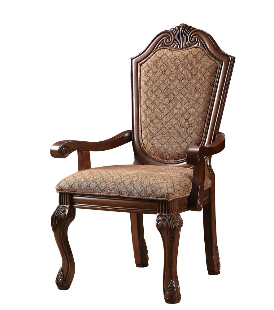 Set of Two Dark Brown And Tan Fabric And Solid Wood Geometric Print Dining Side Chairs