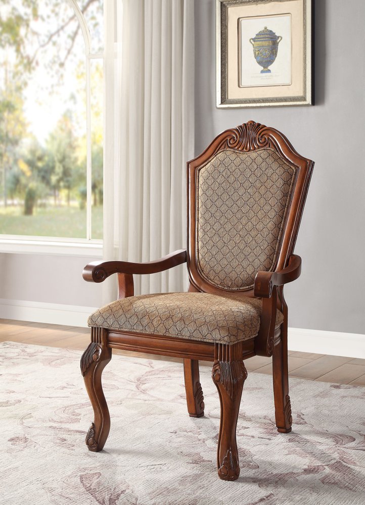 Set of Two Dark Brown And Tan Fabric And Solid Wood Geometric Print Dining Side Chairs