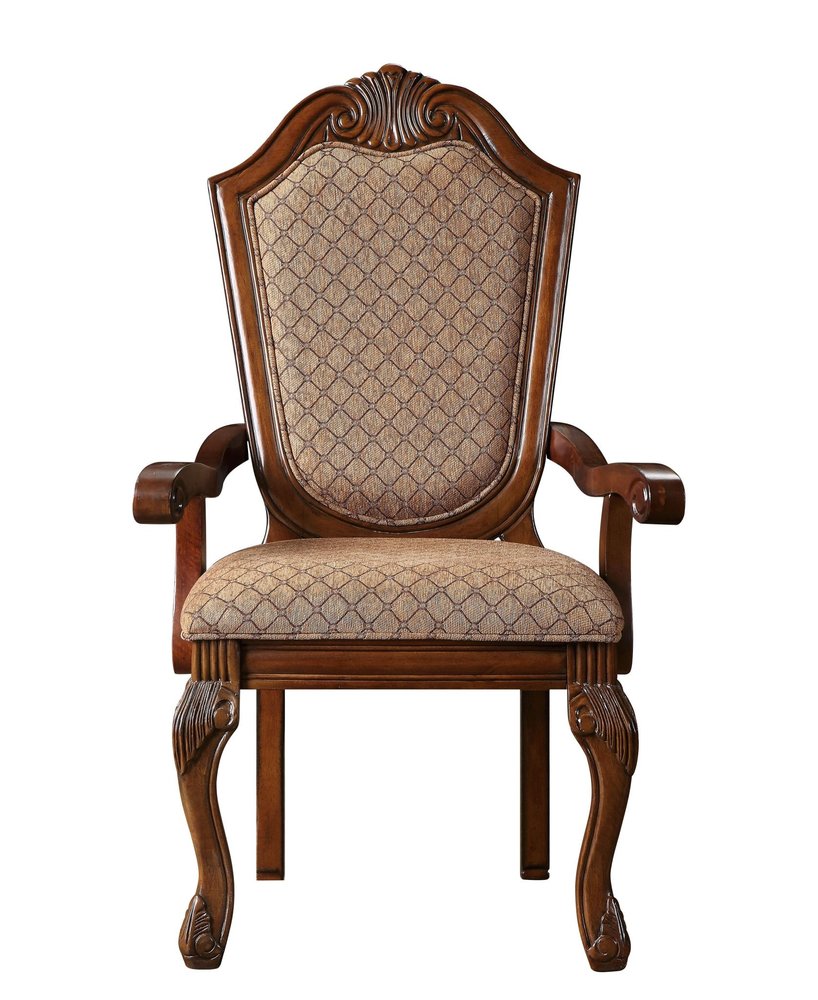 Set of Two Dark Brown And Tan Fabric And Solid Wood Geometric Print Dining Side Chairs