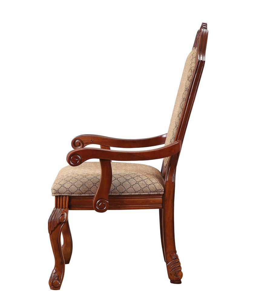 Set of Two Dark Brown And Tan Fabric And Solid Wood Geometric Print Dining Side Chairs