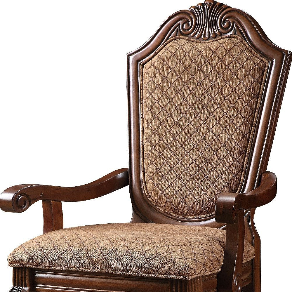 Set of Two Dark Brown And Tan Fabric And Solid Wood Geometric Print Dining Side Chairs
